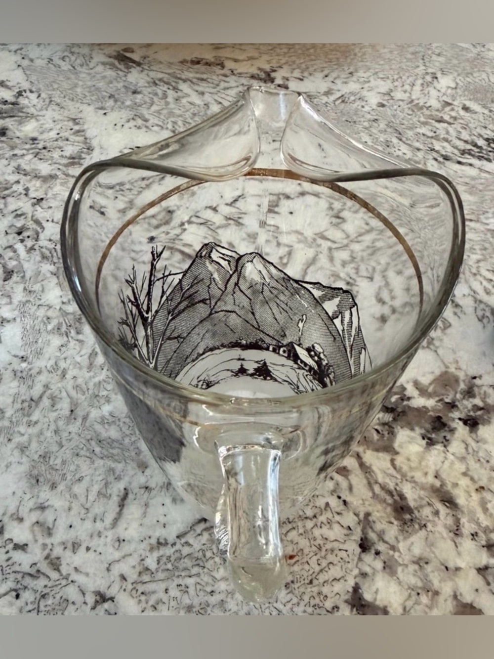 Vtg MCM Glass Pitcher Black Winter Tree Mountain Scene Gold Rim Ice Lip 7” - Picture 4 of 12